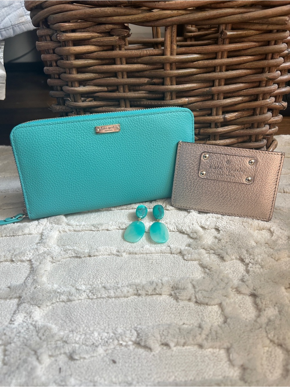 Kate Spade Lacey Teal Zip Wallet Gold Cardholder and j. Crew Turquoise Earrings